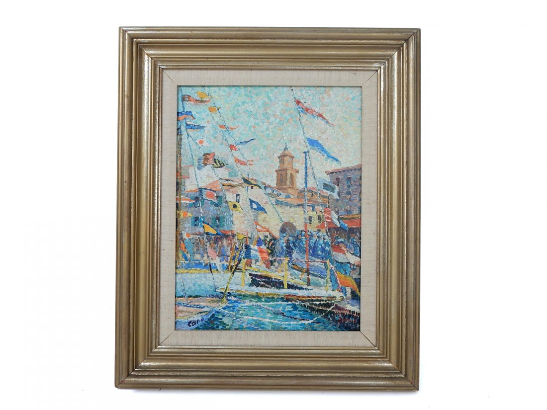 Yvonne Canu, O/C - "Bravade a St. Topez": "Bravade a St. Tropez". Colorful port scene with sailboats displaying multiple maritime flags and buildings in background. Signed bottom left "Canu". Verso bears two "Allan Rich Gallery...3rd Ave. New