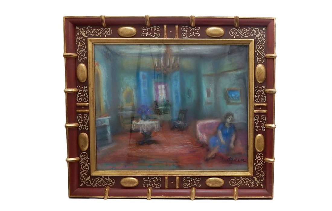 Jacques Zucker, Interior Scene: Pastel of interior with figures, signed "J. Zucker" lower right. [Art: 19 1/4" H x 23 1/4" W; Frame: 27" x 32"]. Good condition.
