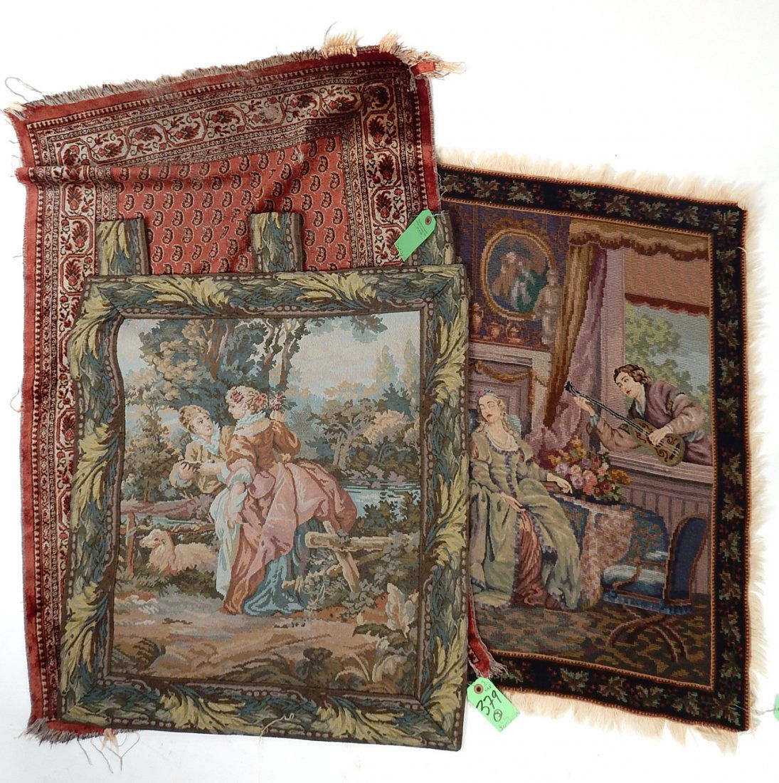 3 Articles - Tapestry, Rug, Needlepoint: Comprises: 1.) Silk rug, 41" x 27". Frayed and worn in center. 2.) Tapestry wall hanging featuring two figures, 28 1/2" x 24" W. Good condition. 3.) Needlepoint with petit point featuring two figures.