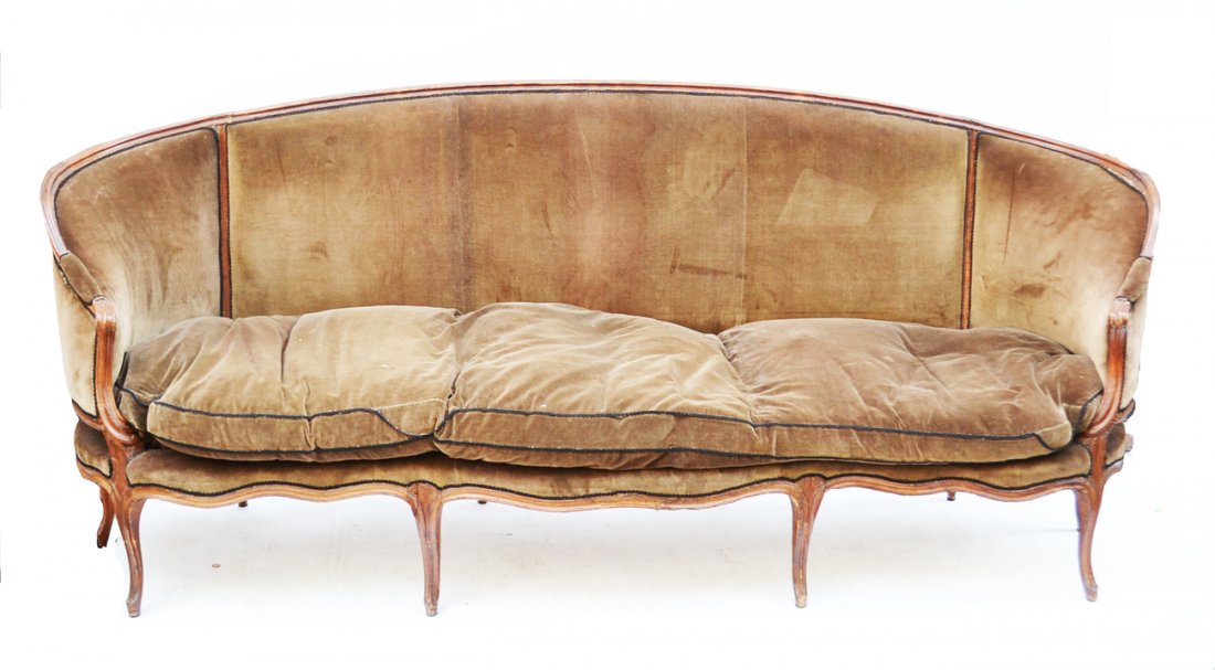 Louis XV-Style Settee: Louis XV-style wood carved settee. [8' W x 42" H x 28" D]. Repair to left arm rail.