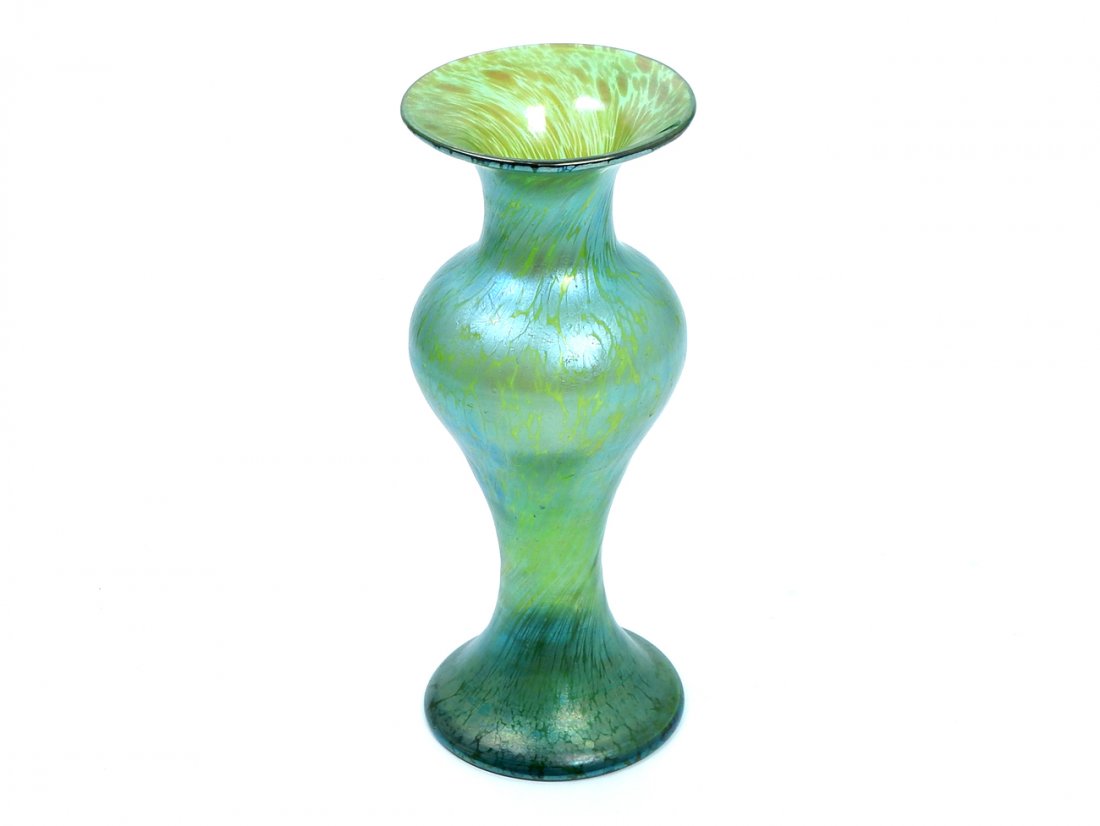 Loetz Baluster Vase: Loetz vase in baluster form, iridescent green and polished pontil. [11" H x 4 1/4" W]. Chip inside opening lip.