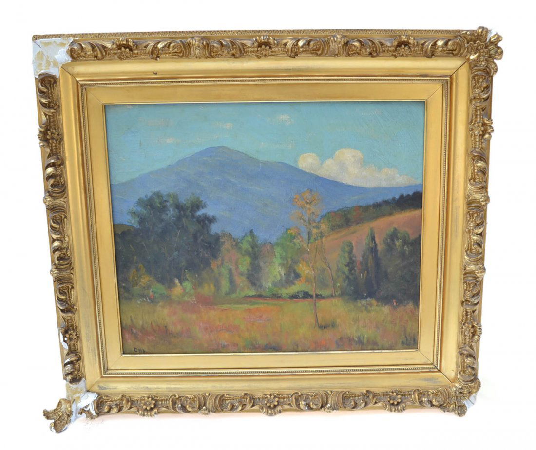 C. Hallen, Oil Painting - Mountain Landscape: Post-Impressionist landscape signed "C. Hallen" lower left. Oil on linen in gilt frame. [20" H x 24" W]. Art has surface abrasions, gilt frame bears loses.