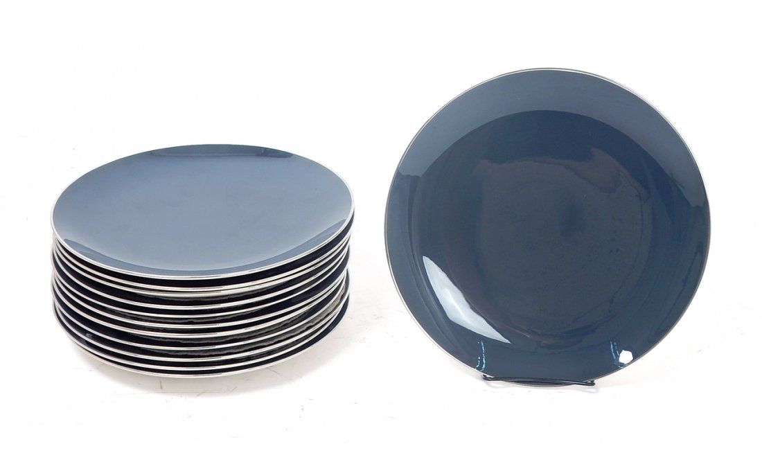 12 Plates: Set of twelve "Franciscan China" plates, from Gladdington-McBean & Co. Bears deep blue clor with silver edge. [10 1/2" Dia.]. In overall good condition.