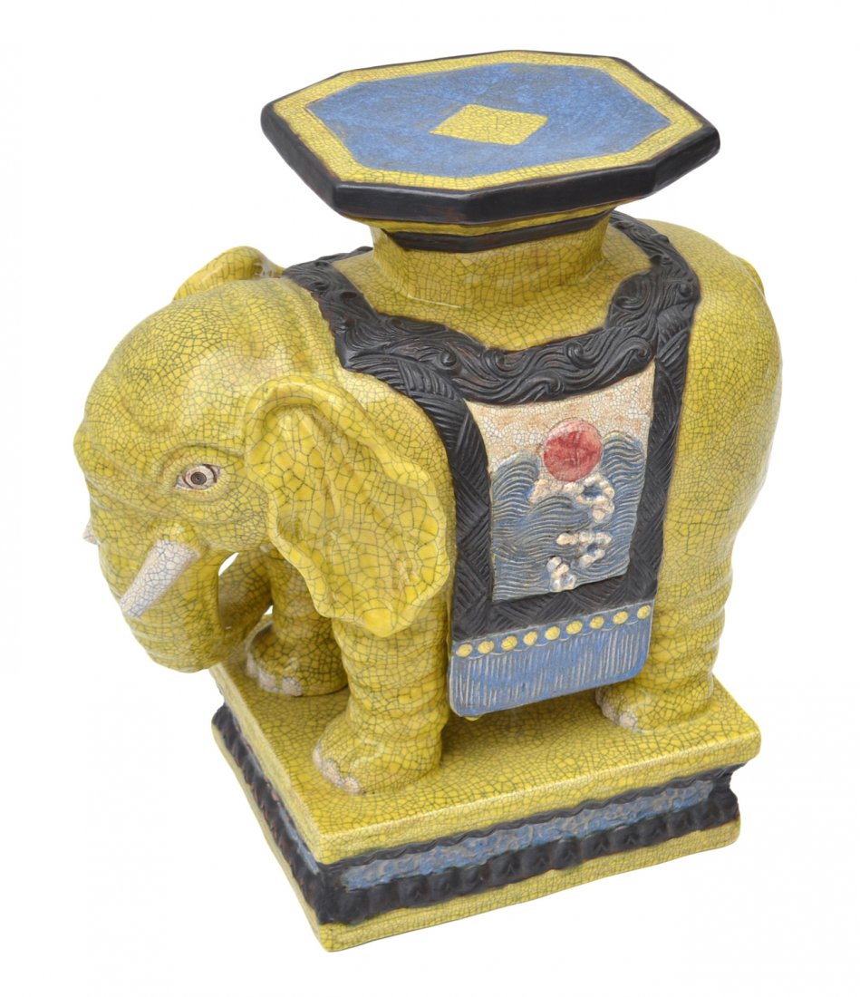 Ceramic Elephant Garden Seat: Painted ceramic elephant garden seat in crackle finish. [12" W x 20" D x 21" H]. Overall good condition.
