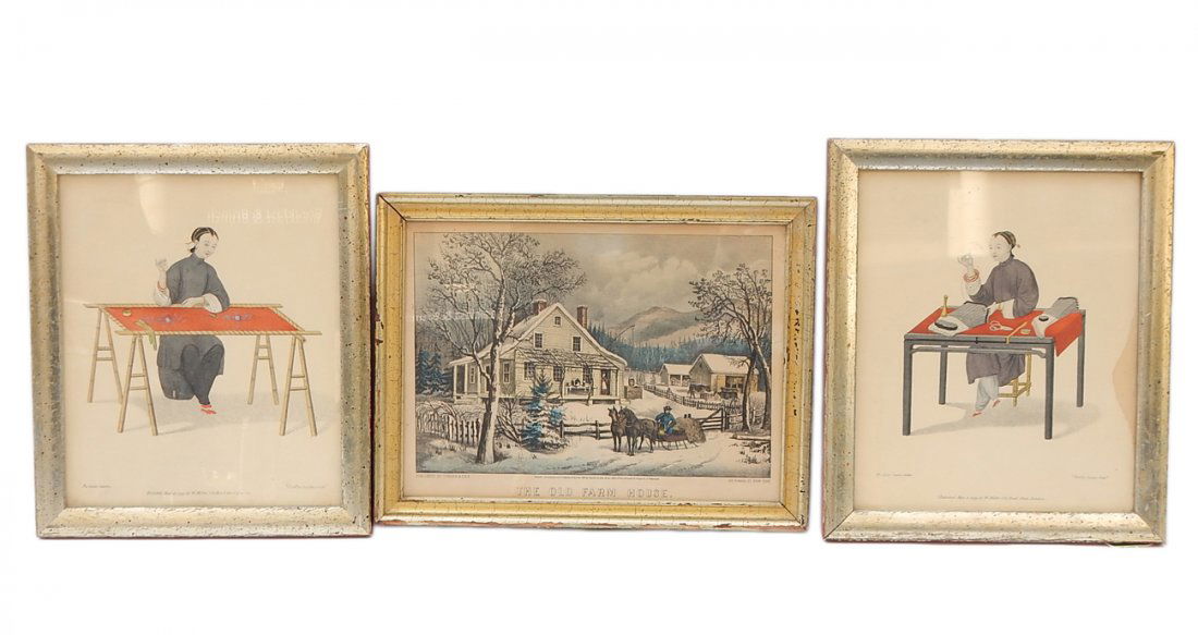 Three Antique Framed Prints: Comprises: 1.) Pair of English intaglio prints by Dudley from his "Pu-Qua Canton" series. One depicting an embroiderer, the other a tailor. [Image: 9 5/8" x 11 5/8"; Frame: 11 3/4" x 13 1/2"]. 2.) Cur