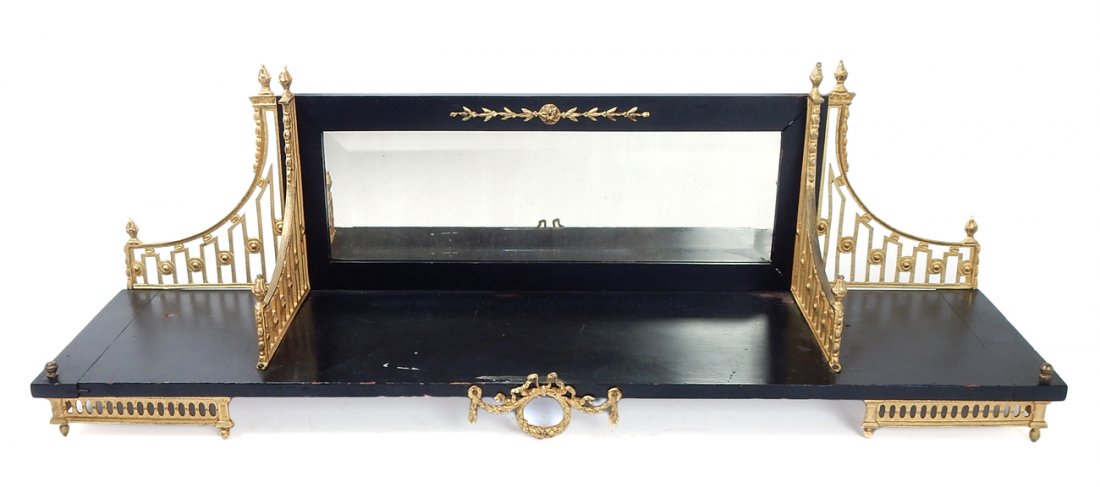 Bronze & Ebonized Wood Shelf with Mirror: Neo-classical style shelf. Ebonized wood with bronze fittings and beveled mirror. [31 1/2" L x 8" D x 10" H]. Good condition.