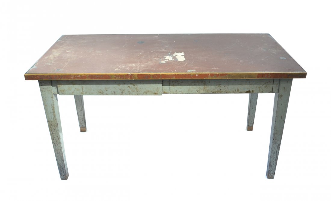 Industrial Work Table: Steel and wood surface industrial work table with two drawers. Painted finish on body. [60" W x 30" D x 31" H]. Surface heavily scratched, otherwise in overall good condition.