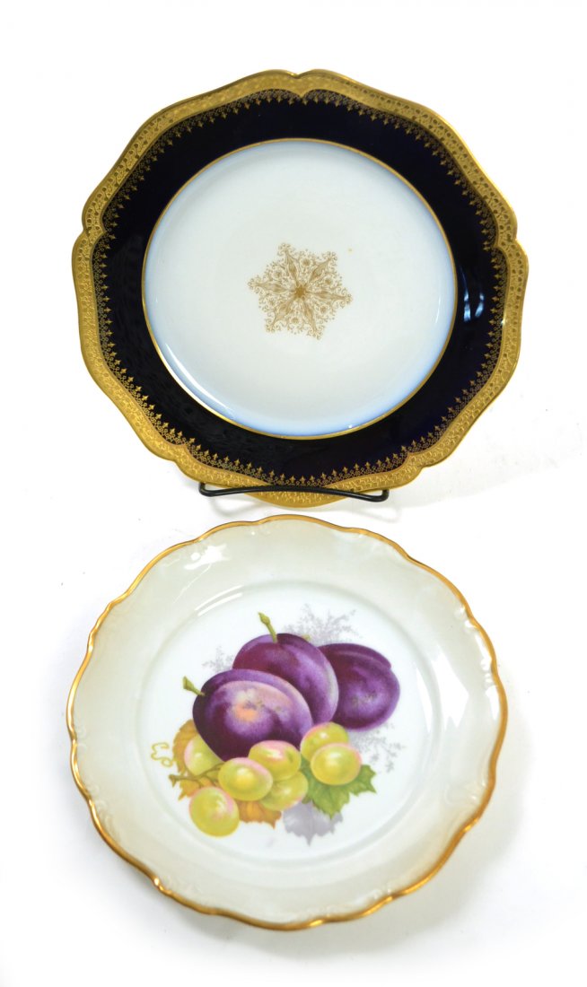 Ten Limoges Plates - Johann Haviland Bavaria: Group of 10 Limoges plates with cobalt blue and gold leaf border. Six Bavarian porcelain and transferware plates with still life. [8 1/2" dia]. Good condition.