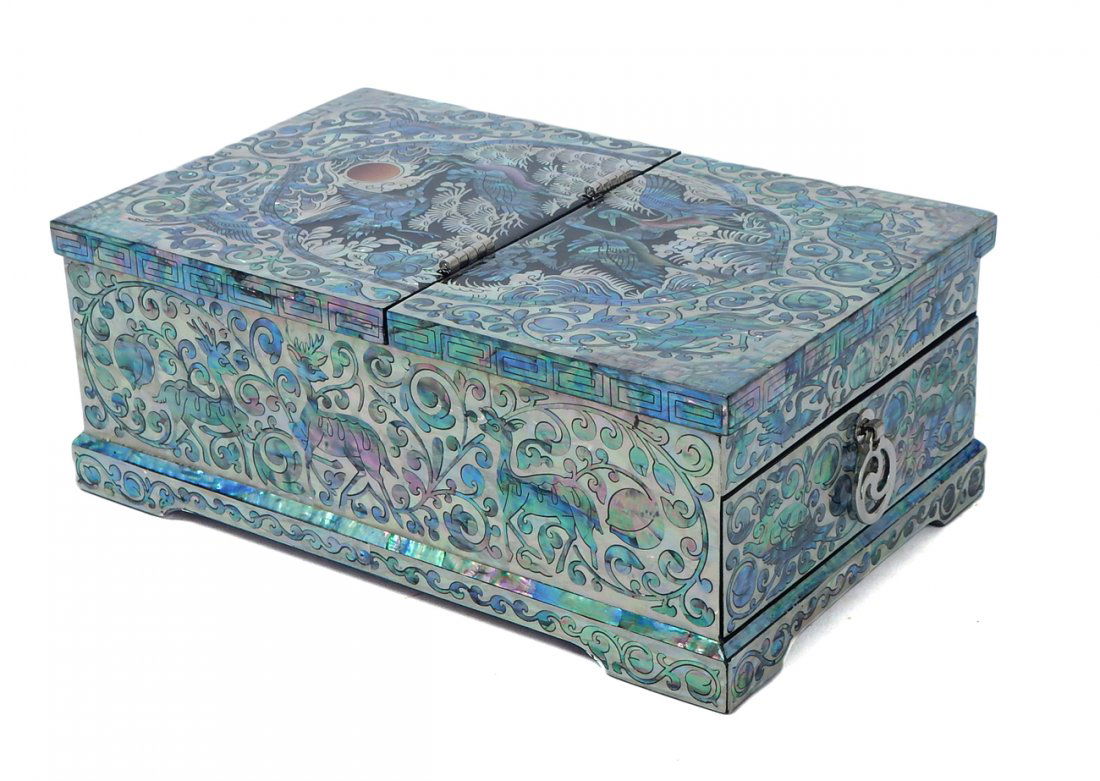 Korean Najeon Chilgi Chagae: Lacquered and inlaid mother-of-pearl and abalone jewelry box with one drawer and fold-down mirror. Bears all over leafy scrolling tendril motif featuring courting cranes. [4 1/8" x 6 5/8" x 2 1/2"].