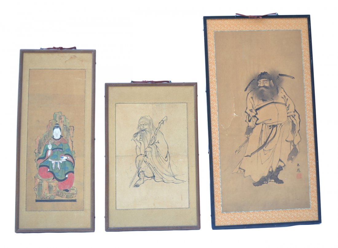 Three Japanese Ink Wash Drawings: Comprises: 1.) Seated figure watercolor. [13 1/2" W x 32" H]. 2.) Crouching old man ink wash. [16 1/2" W x 26" H]. 3.) Standing bearded man ink wash. [19 3/4" W x 38" H]. Tears. As is.