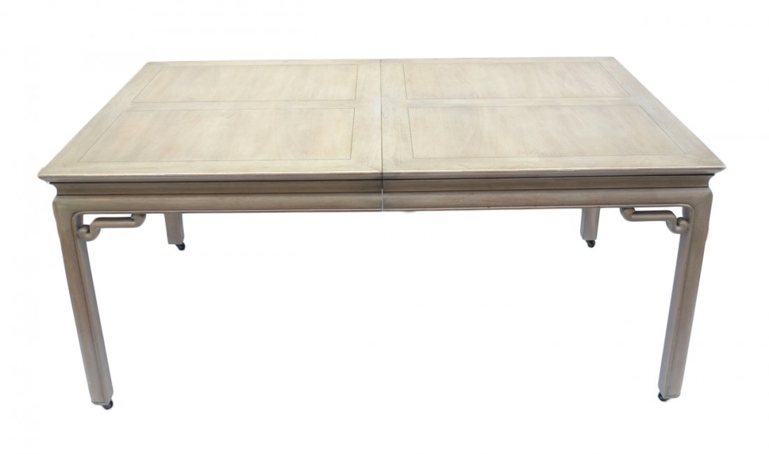 Asian Style Dining Table: Grey oak table with three leaves. [66" W x 40" D x 29 1/2" H; Leaves each: 18" W x 3" D]. Good condition.