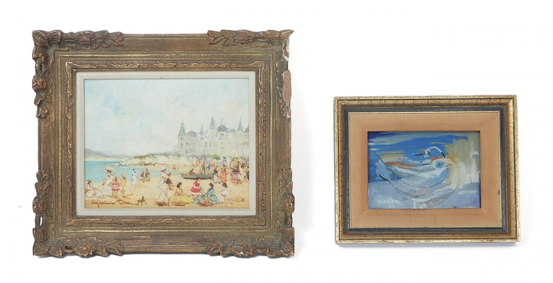 Two Paintings, Birds and a Beach Scene: Comprises: 1.) Semi-abstract verre eglomise panel depicting two birds. Signed bottom left "Weston". [Sight: 6 1/2" x 4 1/2"; Frame: 10 1/2" x 8 1/2"]. 2.) Oil on canvas depicting an Edwardian beach sc