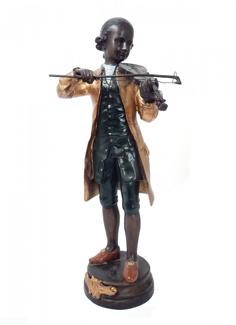 Bronze Figure of Mozart: Patinated bronze figure of Mozart playing the violin. Inscribed on base "L. Gregoirey". [10" W x 7" D x 26" H].