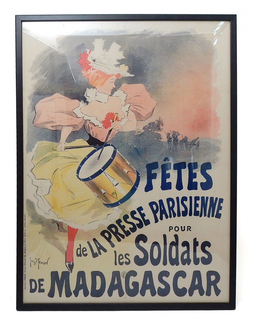 Georges Meunier, "Fetes De La Presse...": Circa 1895 poster, printed by Chaix, Paris, three color lithograph. [Image: 32 1/2" x 45 1/2"] on larger sheet. [Frame: 36" x 50"]. Not inspected out of frame. Age-toning, one vertical fold and three
