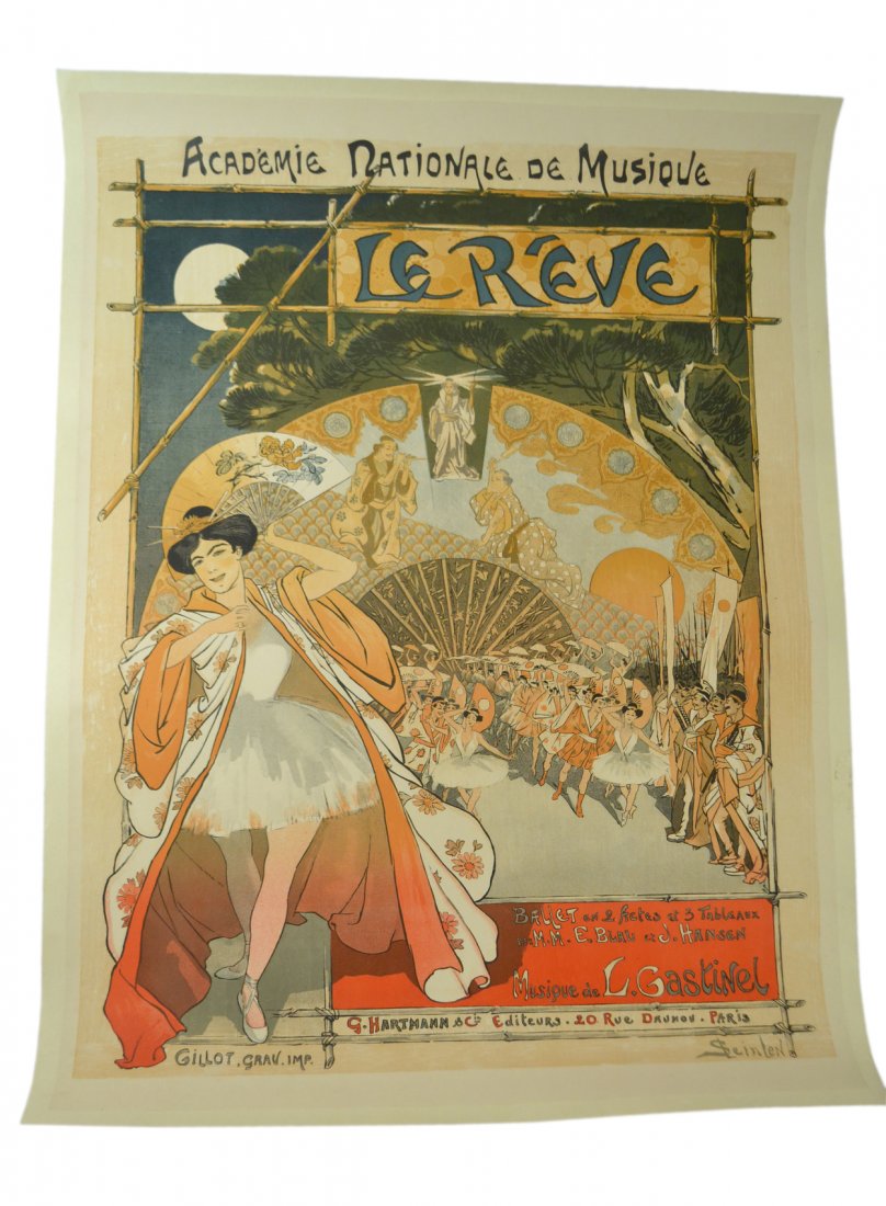Theophile-Alexandre Steinlen "Le Reve": Poster printed by Gillot, Paris. Aesthetic style theatrical poster printed in four colors. [Image: 23 1/2" x 31"; On sheet: 24 3/4" x 33"]. Canvas backed.