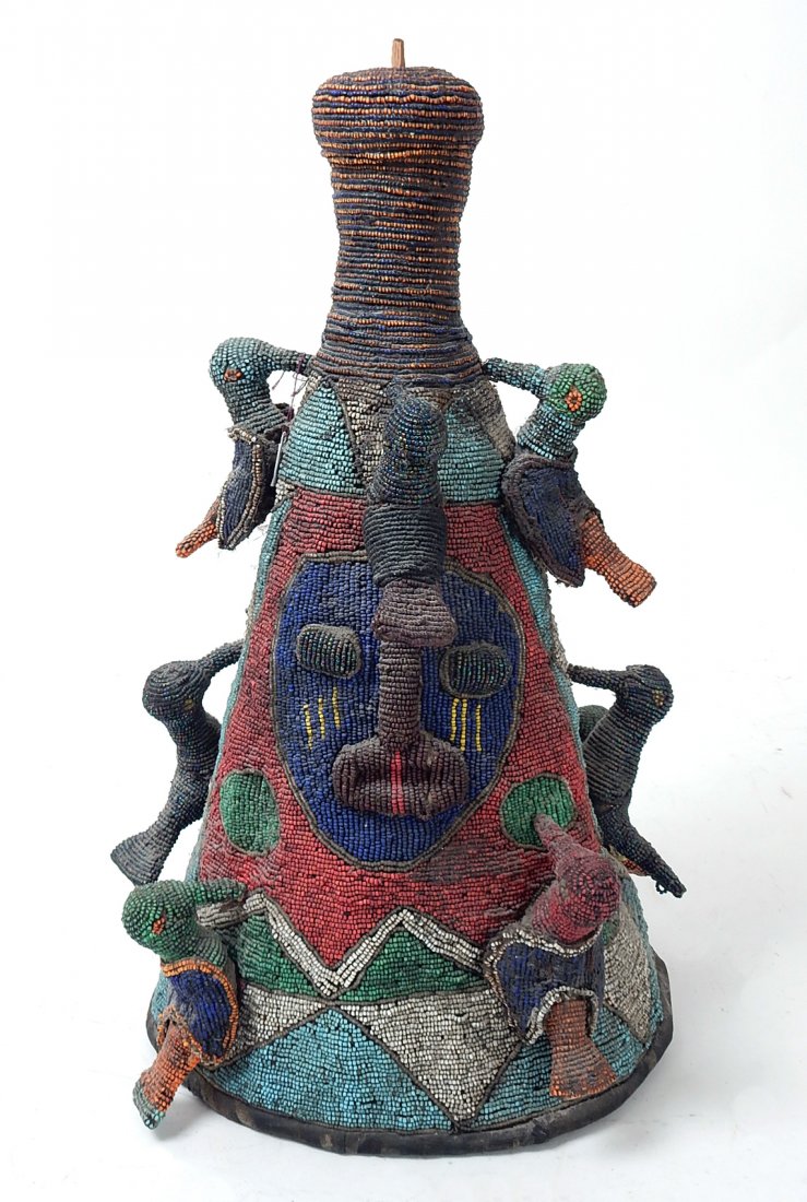 Ceremonial Crown: Antique African Youba beaded Nigerian ceremonial crown. [12" W x 12" D x 19" H]. In overall good condition.