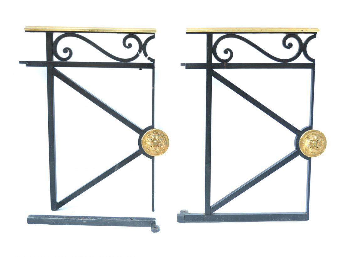Iron Gate: Cast iron gate with large bronze central rosettes, plated bronze railing. [46" D x 2 1/2" H x 34 1/2"]. Some pitting to rail, otherwise in overall good condition.