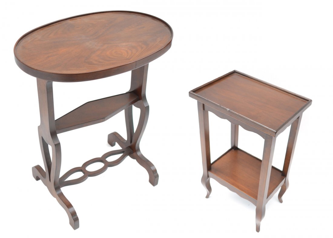 Two Tables: Two mahogany tables comprising: 1.) 2-tier tray top table, 2.) Oval occasional table. [19" W x 13" D]. Overall good condition, small dent in tray top.