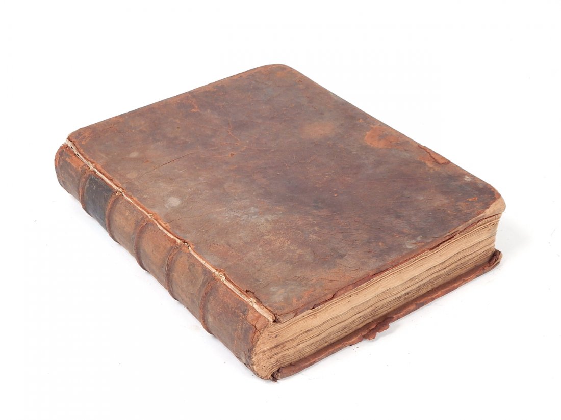 1775 Book, Lectures on the Materia Medica: Leather bound, "Lectures on the Materia Medica" by William Cullen, M.D. Printed by Robert Bell, Philadelphia, 1775. 512 pages including index. One board detached, wear at edges, age-toning throughout,