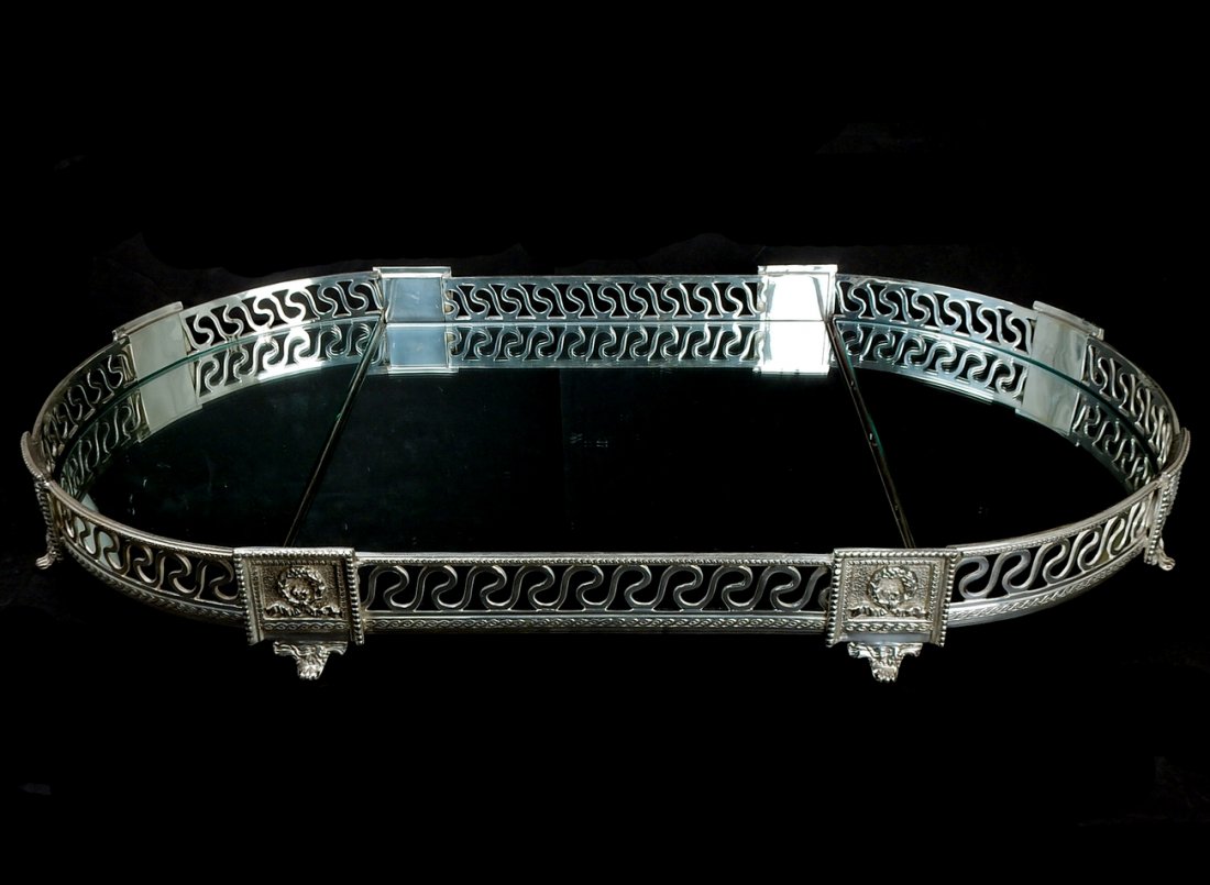 Silver-Plated Plateau: Silver-plated metal footed plateau in three sections with mirrored surfaces. [20" W x 36" D x 4" H]. In very good condition.