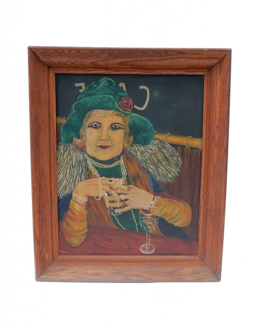 Oil on Board, Woman in Cafe: Vintage oil on carton board. Composition based upon an iconic 1930s photograph. Unsigned. [Art: 21 3/4" W x 27 3/4" H; Frame: 28" W x 34" H]. Soiling.