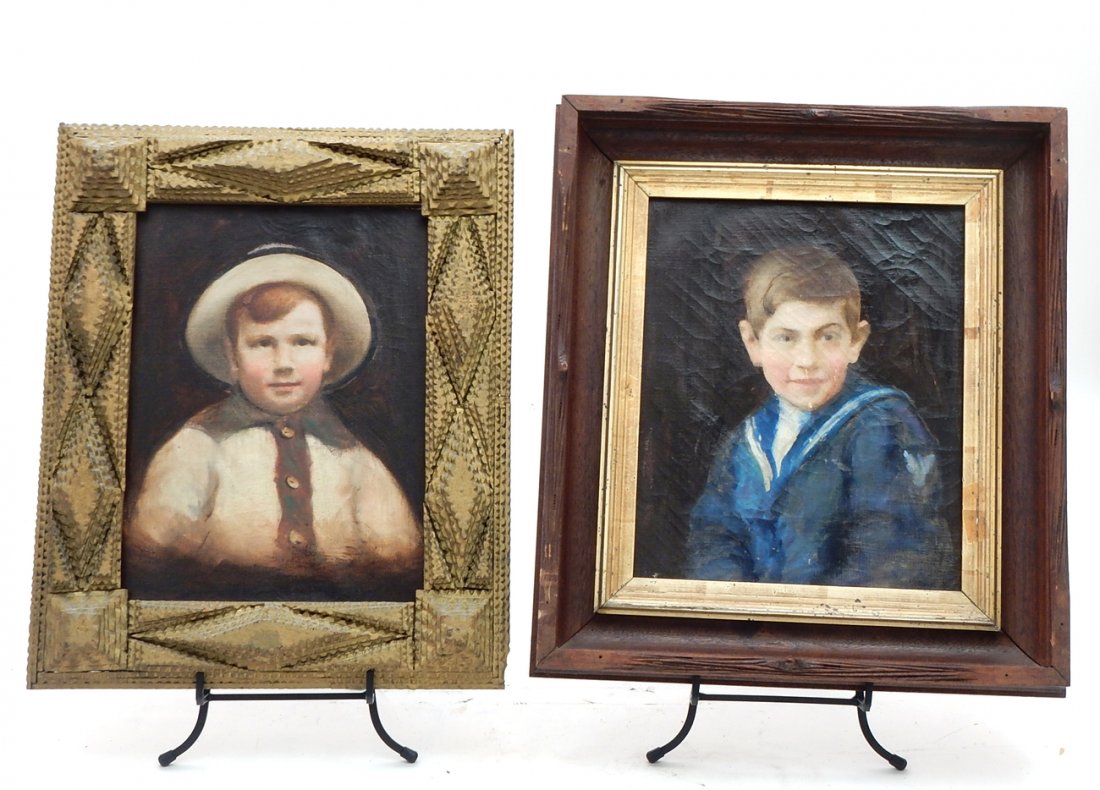 John Wenger, Two Portraits of Boys: Two oils on canvas, one in a tramp art style frame. [Largest overall: 14 1/2" W x 16 1/2" H]. Losses, abrasions.