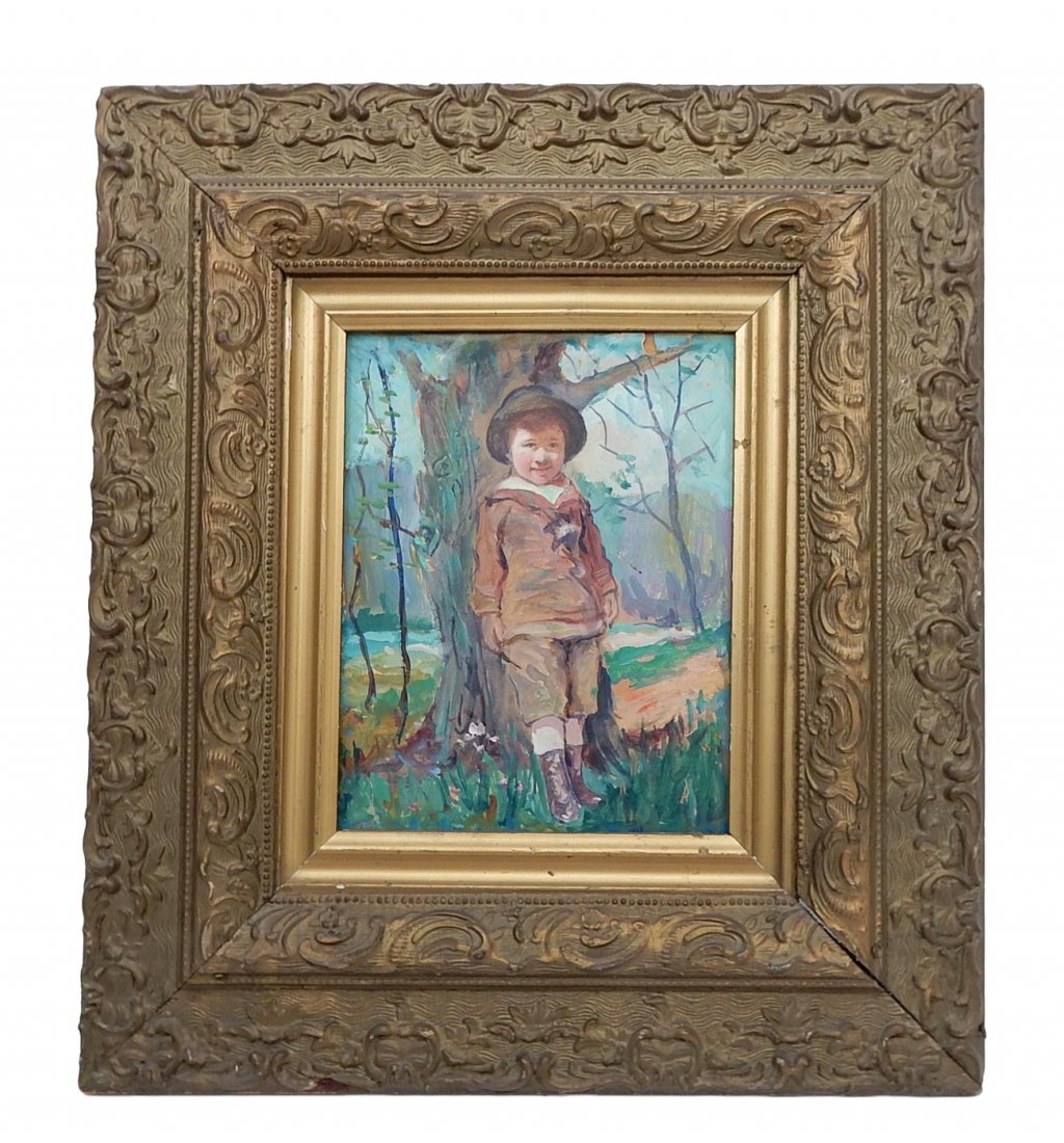 John Wenger, Boy Under a Tree: Oil on carton, portrait of a boy under a tree. [Art: 8" W x 10" H; Frame: 17" W x 19" H]. Overall good condition.