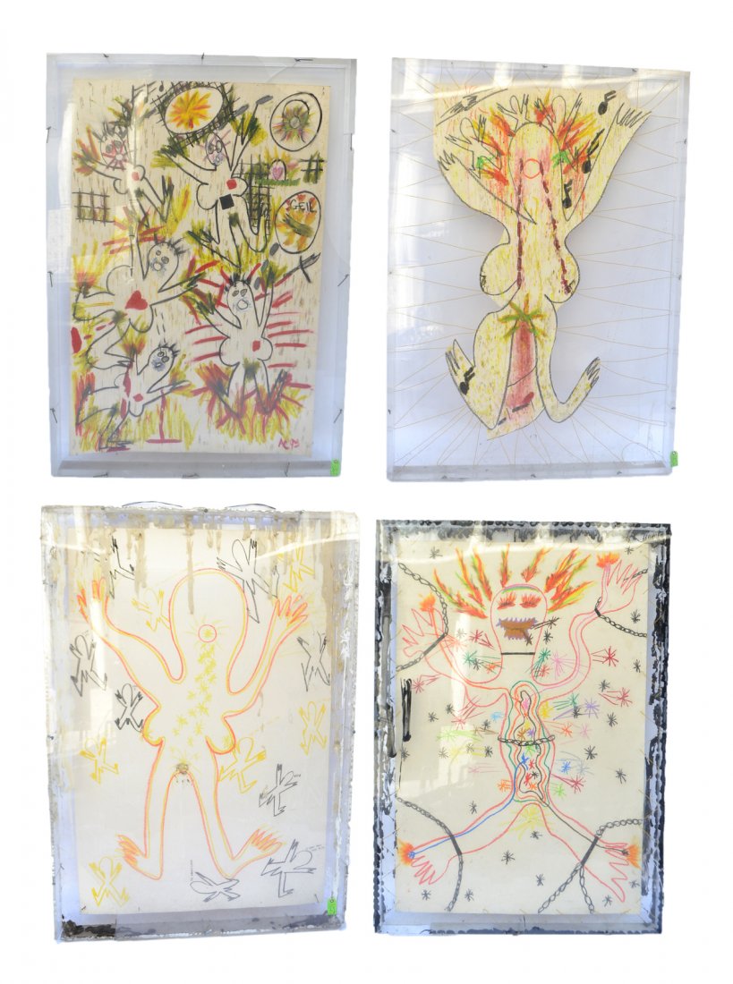 Four Works in Lucite Frames: Comprises: 1.) Figural Abstract. Pastel on large paper sheet contained in a clear acrylic case with caulking compound and steel bolts. Depicts a female figure at center surrounded by male figures with