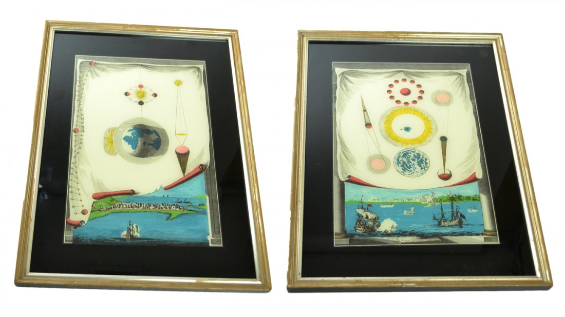 Manner of P. Fornasetti Two Celestial Bodies: Two lithographs in the manner of Piero Fornasetti. Whimsical compositions created by collage, then photomechanical process. [Art: 9 3/4" W x 15 3/4" H; Frames: 15 1/8" W x 21 1/8" H]. Both in good con