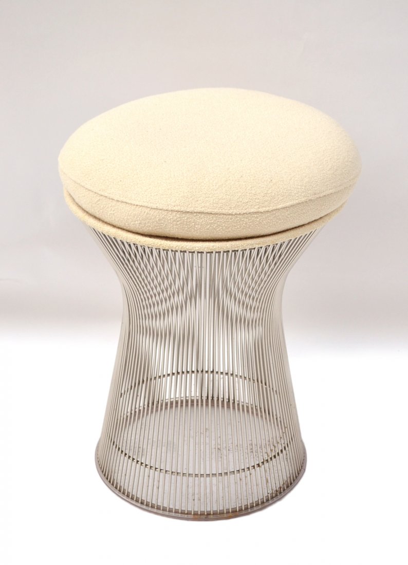 Warren Platner for Knoll Stool: Warren Platner steel stool with upholstered seat. Wire motif. Marked Knoll under the seat. Silver finish. [18" dia x 20" H]. Overall good conditon.