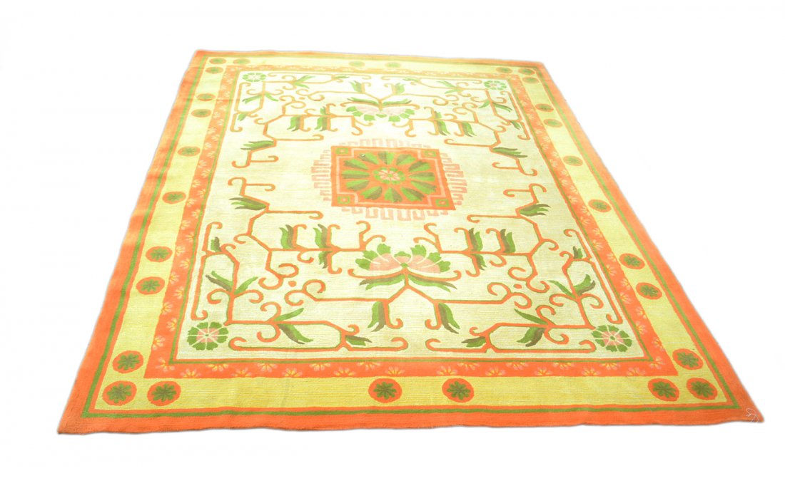 Edward Fields Rug: Edward Fields modern orange and green rug. Copyright 1968. [107" W x 144" L]. Good condition.