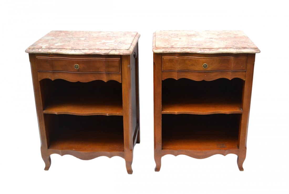 Pair of John Widdicomb Side Tables: Marble top side tables with beveled edges, one drawer, and two shelves. [21" W x 16" D x 28" H]. Light wear.