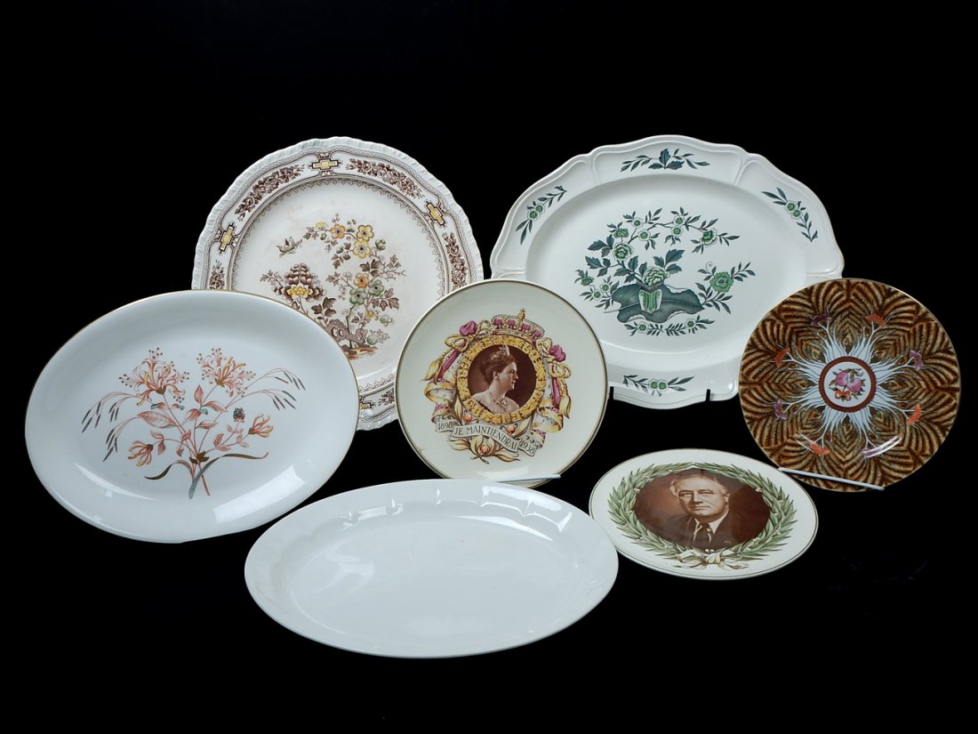 Lot of 7 Platters & Chargers: Comprises: Three large platters and charger, ironstone and Wedgwood; three decorative plates. [Largest: 17 1/2" Dia]. In good condition.