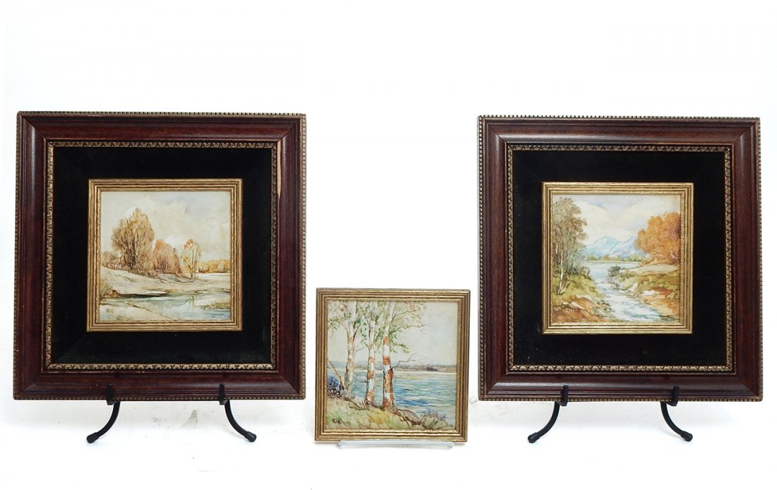 Three Hand Painted Framed Tiles: Three porcelain tiles, hand painted landscapes, initialed: "RW." [Sight: 5 5/8" x 5 5/8" each; Frame: Two - 12 1/2" x 12 1/2"; One - 6 3/4" x 6 3/4"]. In good condition.