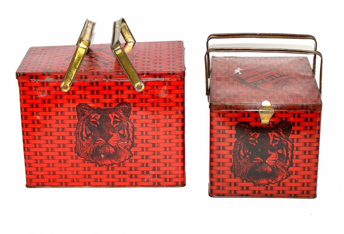 2 Tiger Bright Sweet Tobacco Lunch Pails: Both feature paired bale swing handles. Smaller tin, hinged at the back, bears a side latch. [9 1/4" x 6 3/4" x 6 1/4"]. Larger tin, also bears hinged lid at back [10 1/4" W x 5 1/2" D x 7 3/4" H.] Sc