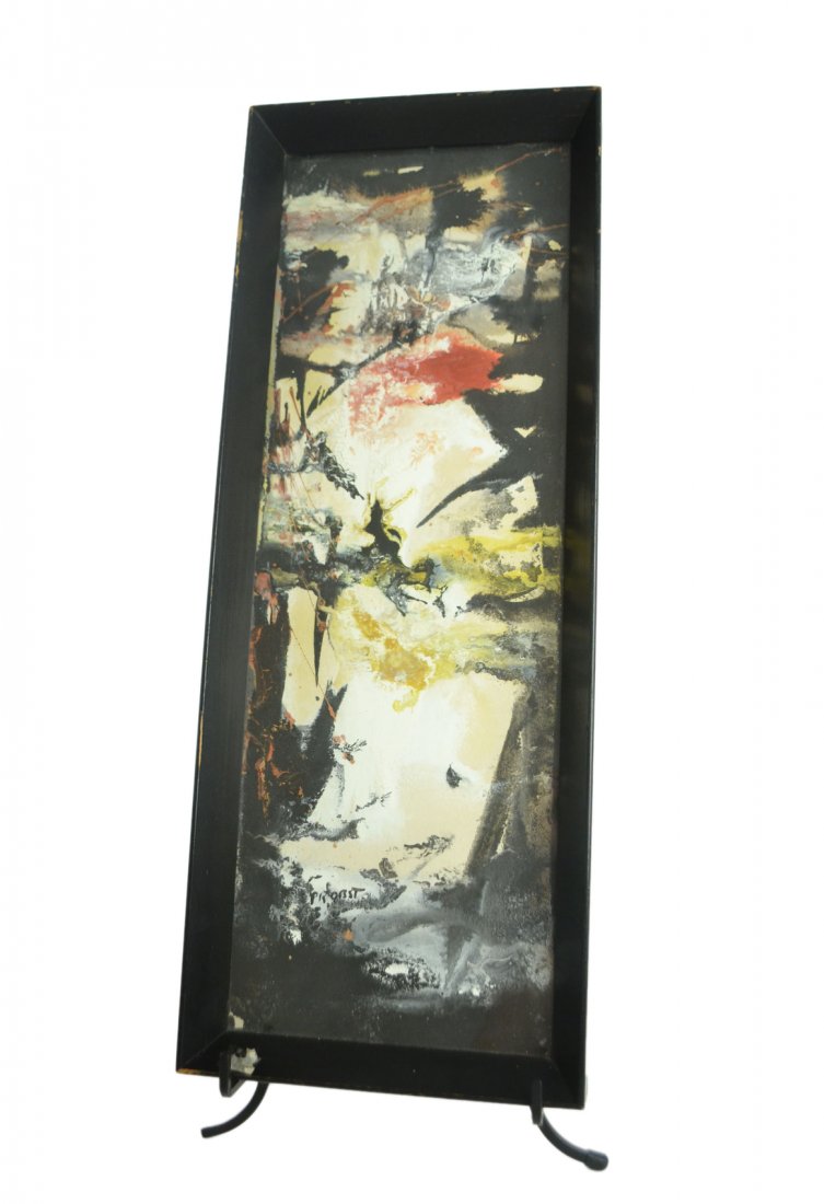 Joachim Probst, "Vermont Evening": A Joachin (Jack) Probst ink and watercolor on paper. Titled "Vermont Evening" on verso. 1956. [21" H x 7" L]. Losses to paint.