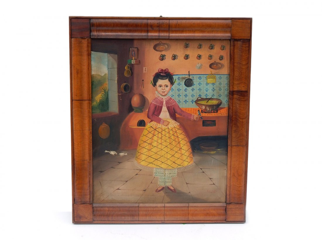 Ceavilla, Oil Painting - "Mexican Girl": Oil painting signed lower left, "Ceavilla, Mexican Girl with a Bird" in a kitchen. [Art: 18" x 22"; Frame: 22 3/4" x 26 1/2"]. Canvas repaired at upper right; abrasions and scratches to surface.
