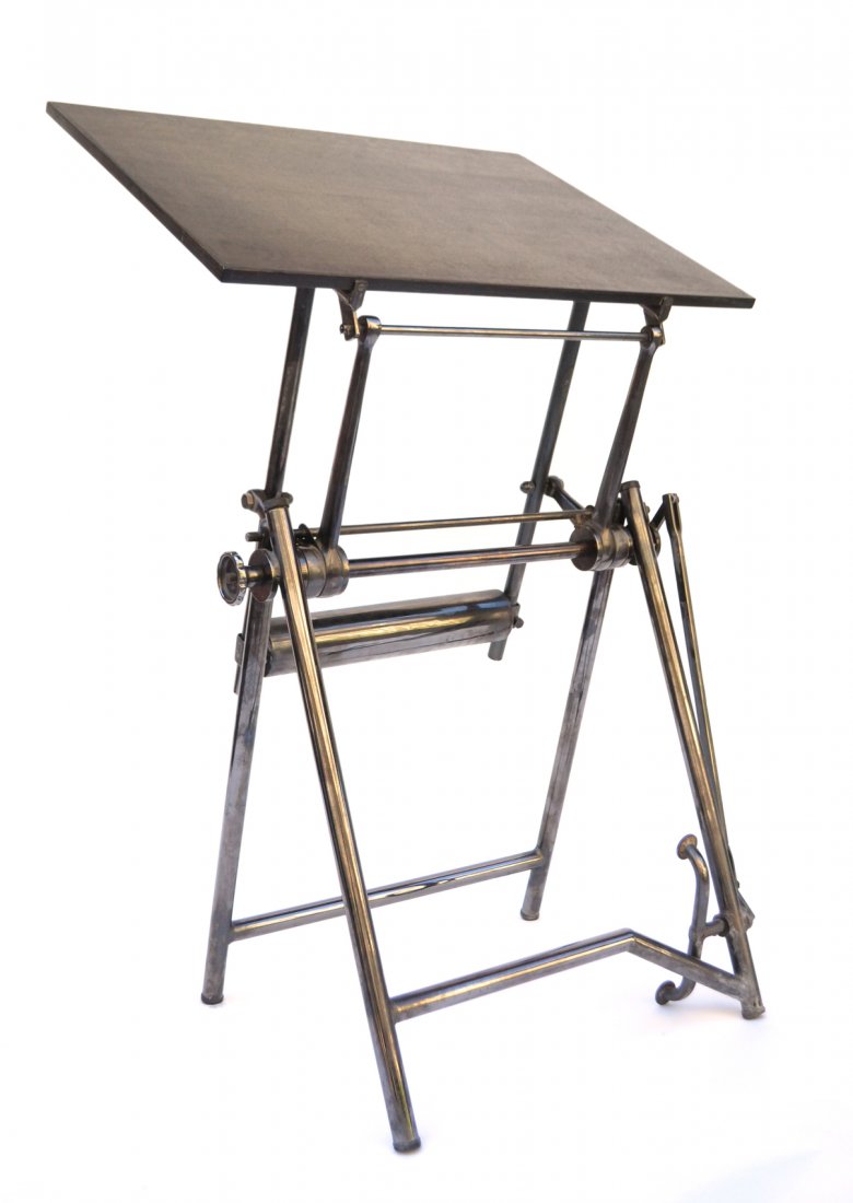 Drafting Table: Chrome and oak architect's drafting table. [30" W x 43" H].