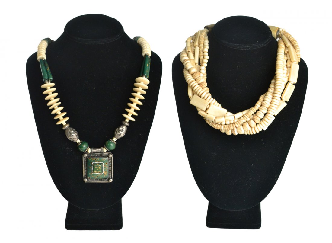 Two Vintage Tribal-Style Bone Necklaces: Comprises: 1.) Six-strand necklace with horn clasp. Each strand bears different types of bone beadwork. [21" Long]. 2.) Bone and green ceramic beaded necklace with square pendant. [28" Long]. Both com