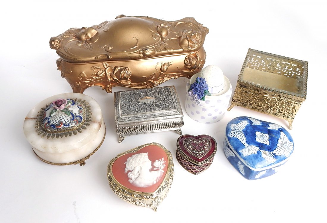 Jewelry Boxes, Eight Items: Comprises: 1.) Large gilded box with roses [11" x 4 1/2"]. 2.) Alabaster powder box [4 1/2" Dia]. 3.) Glass and metal box [4" Sq.]. 4.) Cameo heart-shaped music box. [3 1/2"]. 5.) Enamel heart-shaped