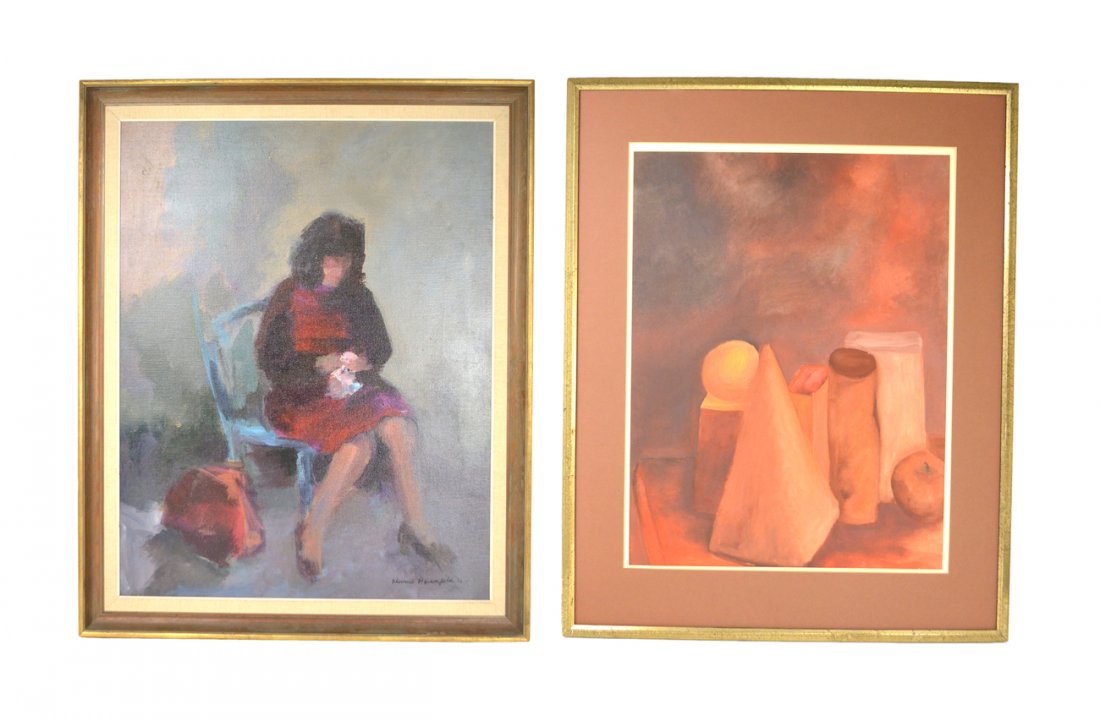 "Table Still Life" & "A Seated Woman": Two paintings: 1.) Contemporary still life on paper and 2.) Contemporary oil on canvas of a seated woman in red, signed "Florence Rosenfeld". [Art: 24" x 30"; Frame: 26" x 32 1/2" largest dimension]. 