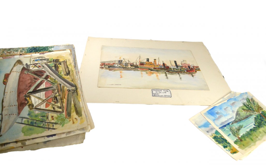 30+ Vintage New England Watercolors: Comprises: Vintage New England watercolor harbor scenes. Subjects include fishing villages, inlets, tugboats, beach communities, etc. Artists include McDade, C. Livingston, W. Jacobs, Norma '53, and o