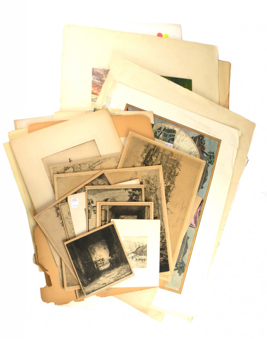 40+ Vintage & Antique Int'l Intaglio Grp: Comprises: Vintage and antique international intaglio group of prints include, landscapes, city views, genre scenes, and others. Media includes etchings, engravings, colored lithographs and a woodbloc