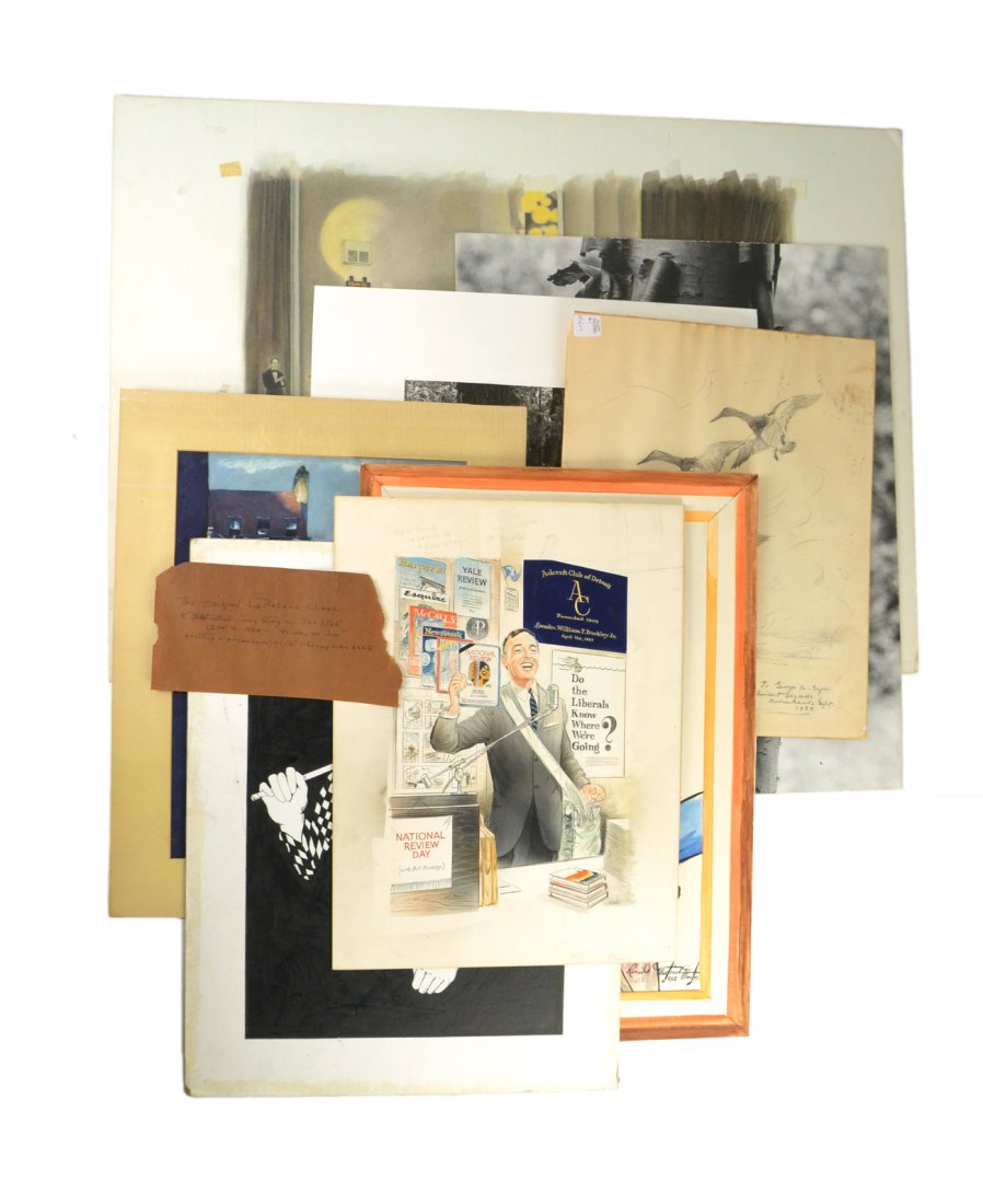 Lot of Eight Vintage Illustration Art: Comprises: Vintage original illustration art. Mediums include gouache, watercolor, ink, black and white photographs and pencil. Includes "National Review - Speaker William F. Buckley Jr. 1967" signed 