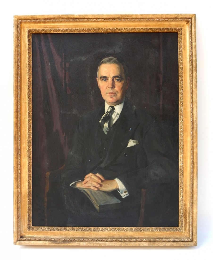 Dorothy E. Vicaji, Portrait-Colby M. Chester: Framed oil on canvas, 1929. Signed on verso. [Art: 31 3/4" x 41 3/4"; Frame: 39 3/4" x 49 3/4"]. Blistering and soiling. From Martin Parker / Spencertown Art and Antique Company.