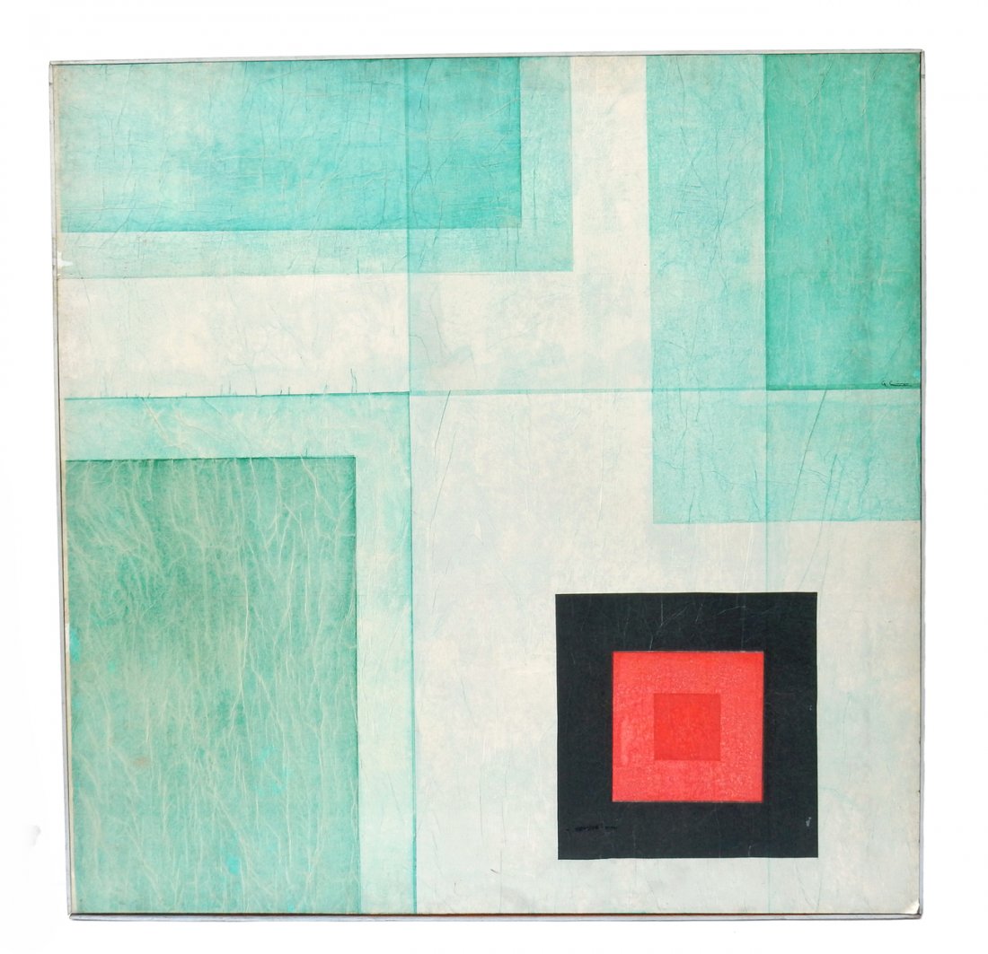 Arthur E. Smith, Mixed Media on Masonite: "Spring Interlude". Signed center right and inscribed on verso with date "1968". [Art: 48" x 48" wood lathe frame]. Soiling and support detached at bottom right corner. From Martin Parker / Spencertow