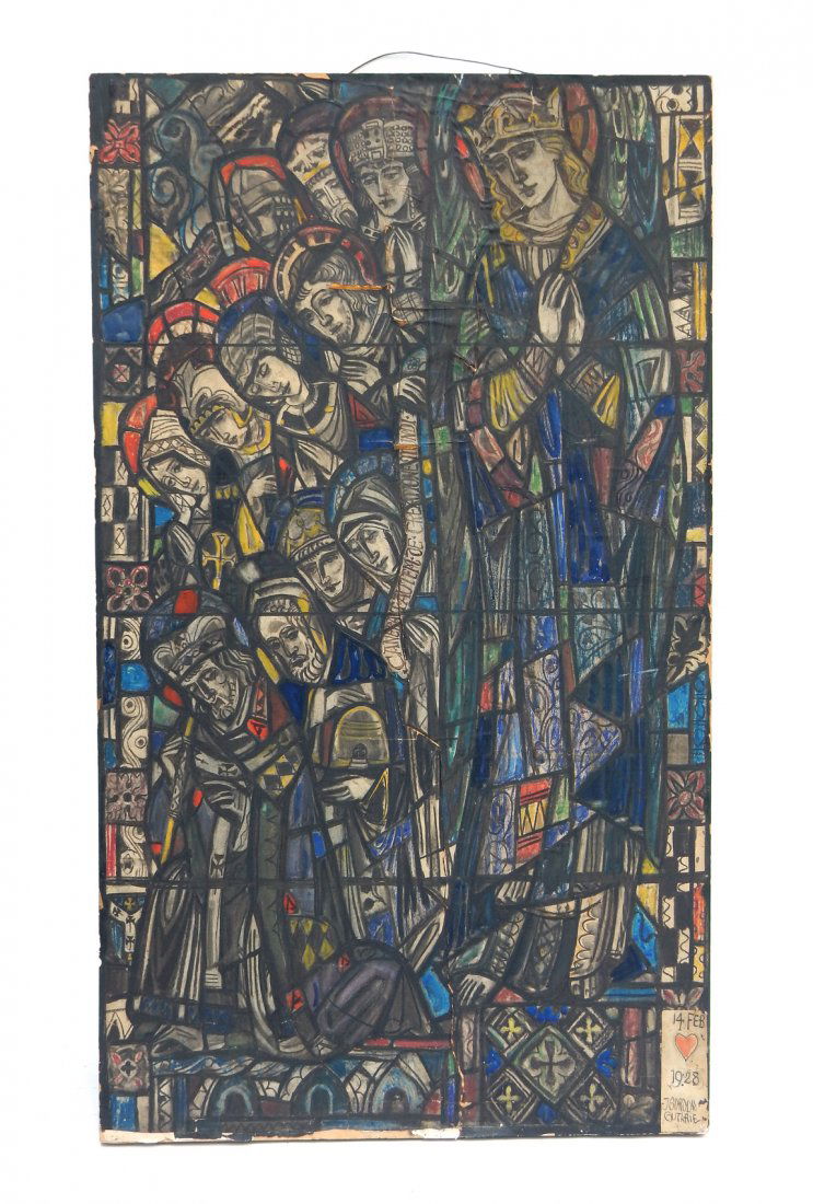 J. Gordon Guthrie, Mixed Media: Stained glass drawing. Mixed media on paper mounted on board. Signed bottom right with date "1928". [Art: 29 3/4" x 51 1/2"]. Areas of chipping with losses and scuffs. From Martin Parker / Spencertown