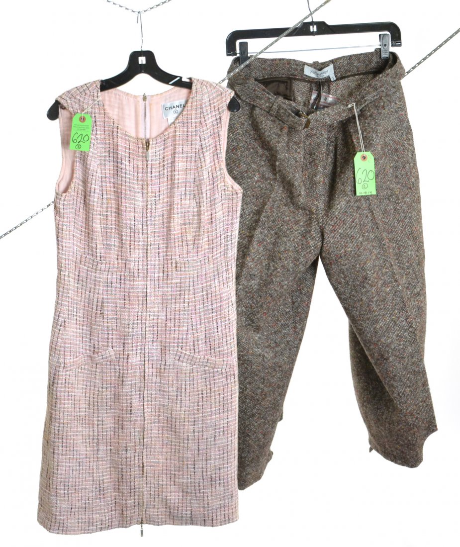 Tweed Dress and Tweed Pants: Tweed dress: Chanel, pink. Size 42. Aged. Pants: Tweed. Yves St. Laurent. Brown with white and red. Size 40. Good condition. Light discoloration to lining and a few light stains on the front of the Ch