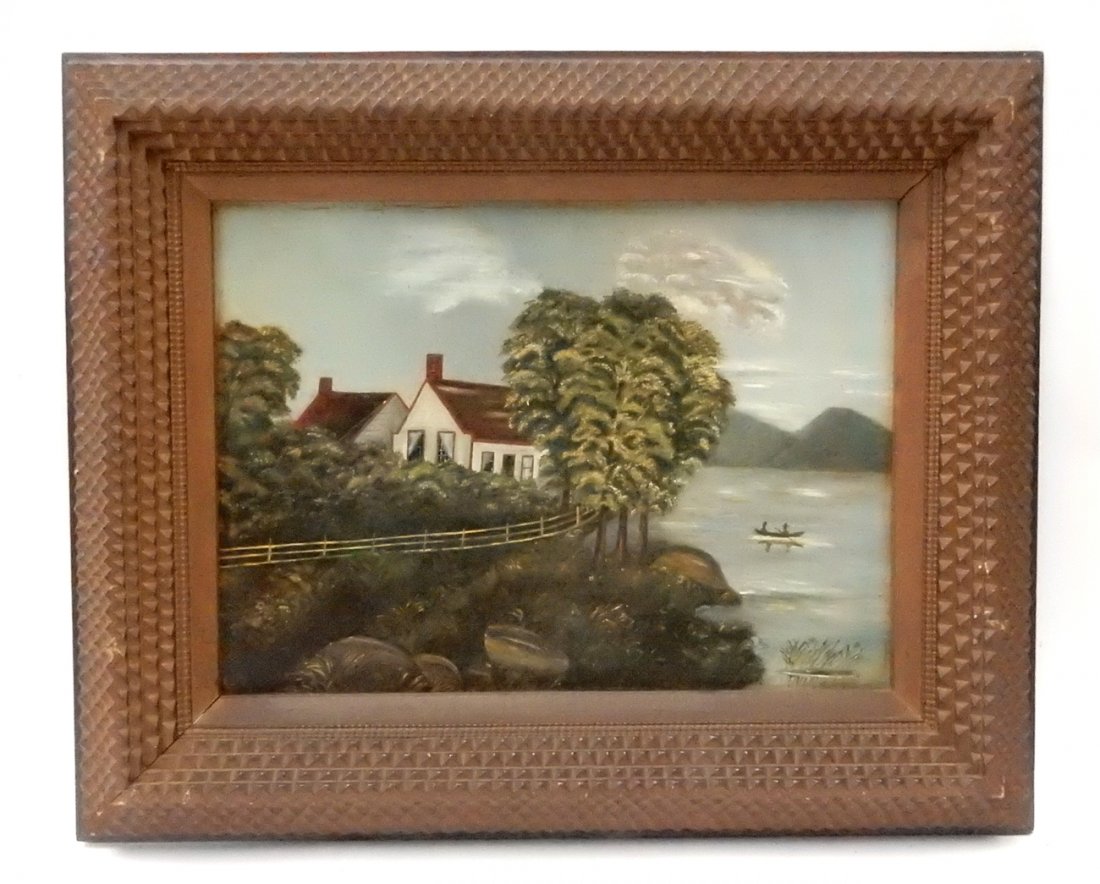 Oil on Board, Country Landscape: Tramp art framed landscape with two figures in a boat. [Art: 16" W x 12" H; Frame: 23" W x 18" H]. From Martin Parker / Spencertown Art and Antique Company.