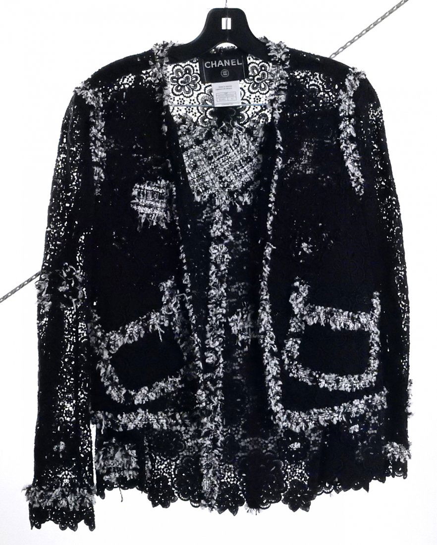 Chanel Ladies Suit, Blazer, Skirt: 100% cotton. Black and white with floral motif. Size 40 (Euro). Good condition.